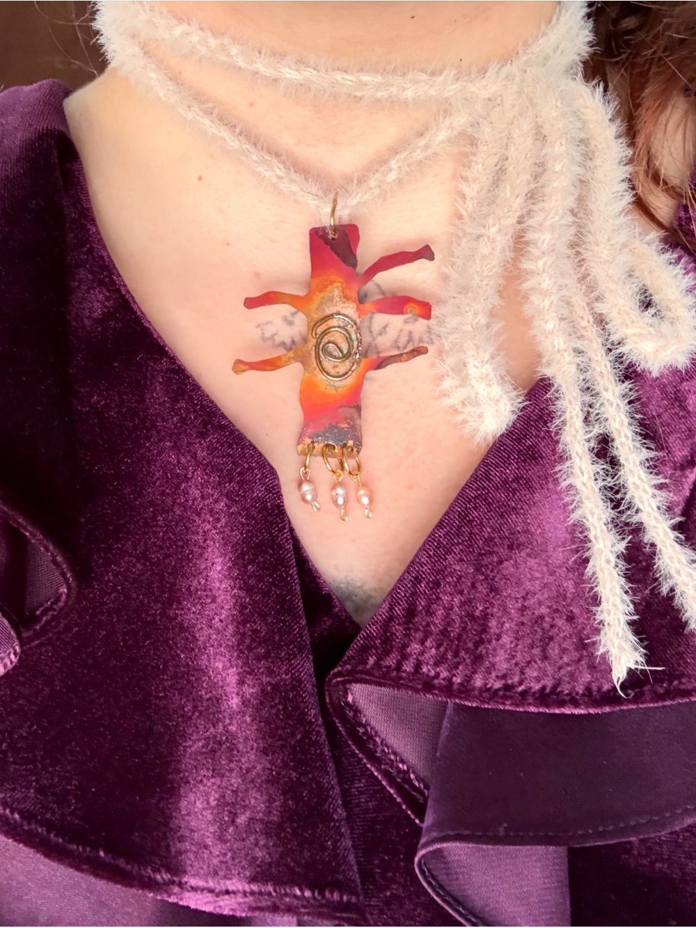 Handmade Orange-Pink Copper Sunburst Amulet Necklace with Pearl Drops